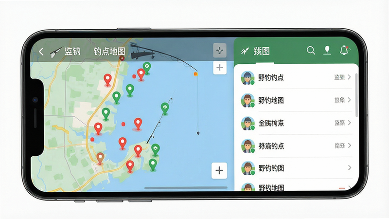 一张高清的数字地图界面预览图,主体为“野钓钓点地图”APP的手机屏幕显示,布局清晰,左侧为地图区域,右侧为列表区域,地图上标注有多个红色和绿色的钓点图标,风格为现代扁平化UI设计,细节丰富,画质清晰,干净无多余元素