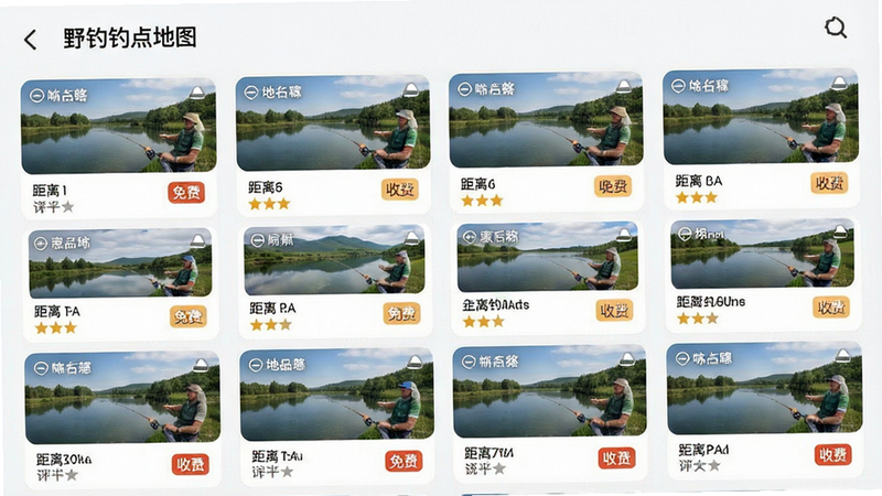 “野钓钓点地图”APP的功能界面展示,主体为钓点列表页,布局为卡片式排列,每个卡片包含钓点名称、距离、评分和缩略图,排版整齐有序,风格简洁明快,细节处显示“免费”、“收费”等标签,画质高,干净无多余元素