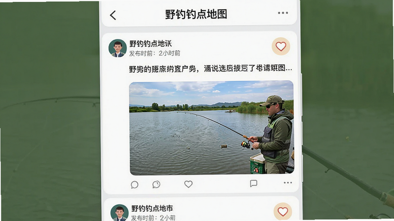 “野钓钓点地图”APP的社区动态页面,主体为帖子流,布局为垂直滚动列表,显示用户头像、发布时间和文字内容,配有钓鱼场景图片,风格为社交化设计,细节体现互动性,如点赞图标,画质清晰,干净无多余元素