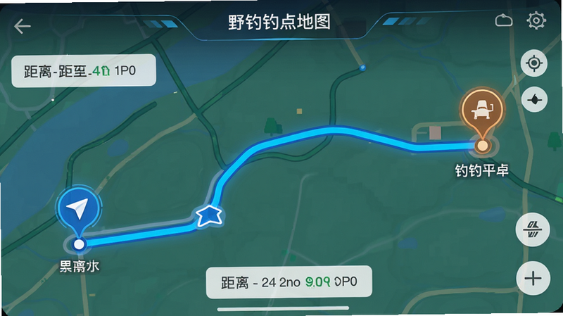 “野钓钓点地图”APP的导航界面,主体为路径规划图,布局为全屏地图,一条蓝色的导航路线贯穿其中,起点和终点用明显的图标标记,风格为科技感的导航UI,细节显示距离和时间估算,画质极佳,干净无多余元素