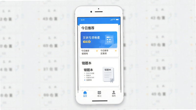 文状元手机应用主界面预览图,主体为白色背景的手机屏幕,顶部显示蓝色状态栏,中间是大面积的卡片式布局,显示“今日推荐”和“错题本”两个主要功能入口,底部是简洁的导航栏,包含首页、练习、我的三个图标,整体风格扁平化,色彩以蓝白为主,高清,无多余元素