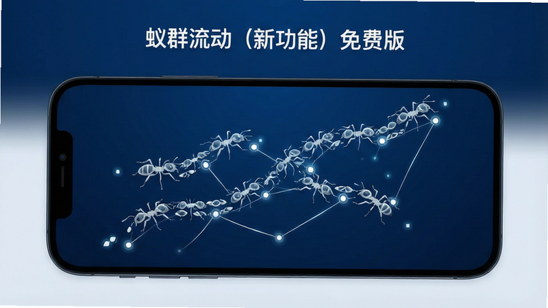 一张展示“蚁群流动(新功能)免费版”手机应用界面的高清概念图,主体为深蓝色背景上的白色蚁群路径动画,布局居中,排版简洁现代,风格科技感与生态学结合,细节清晰显示蚂蚁节点与连接线条,画质4k,干净无多余元素
