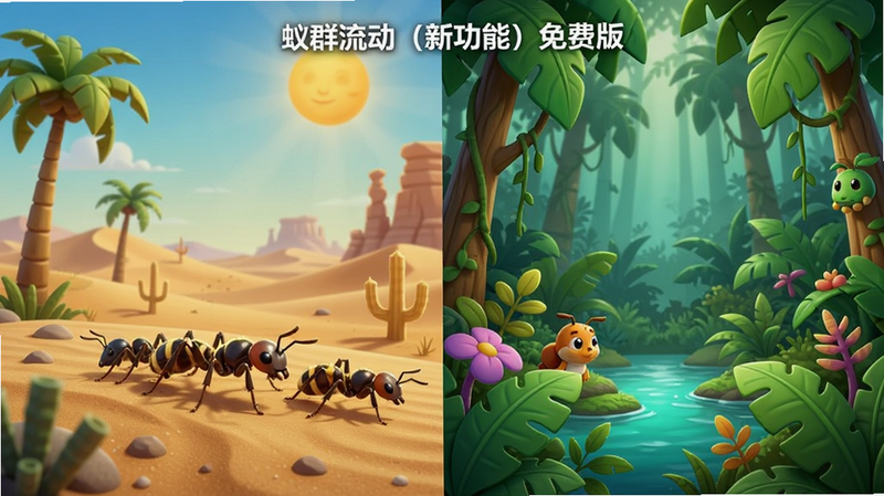 “蚁群流动(新功能)免费版”的多场景对比图,左侧为沙漠主题,右侧为雨林主题,主体分为两半,布局对称,排版清晰,风格写实与卡通结合,细节显示不同环境的色彩差异,画质均匀,色彩饱和度高,无噪点