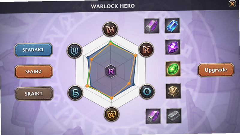 ����һ��Warlock HeroӢ��������������ͼ������Ϊһ�������������״�ͼ����Χ������������ť�Ͳ���ͼ�꣬����Ϊ��͵���ɫ���Σ��������ľ۽����Ű����룬���ΪUI���չʾ��ϸ�ڷḻ�������������ɾ���࣬����
