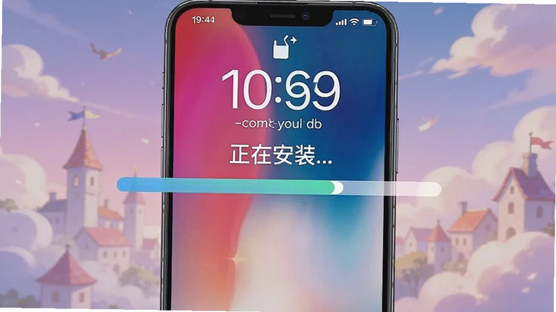 梦幻的城-治愈唯美模拟经营安卓安装进度条界面,显示“正在安装...”,背景为手机锁屏壁纸,界面干净,无多余弹窗,体现安装过程顺利,高清,简洁风格