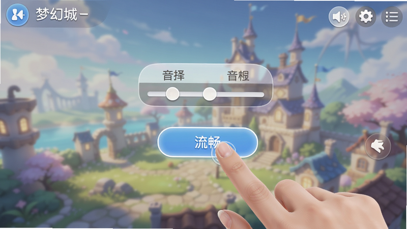 梦幻的城-治愈唯美模拟经营手机端设置界面,展示画质选择、音量调节、权限管理选项,界面简洁清晰,手指正在点击“流畅”模式按钮,背景模糊处理,突出操作重点,高清,无水印