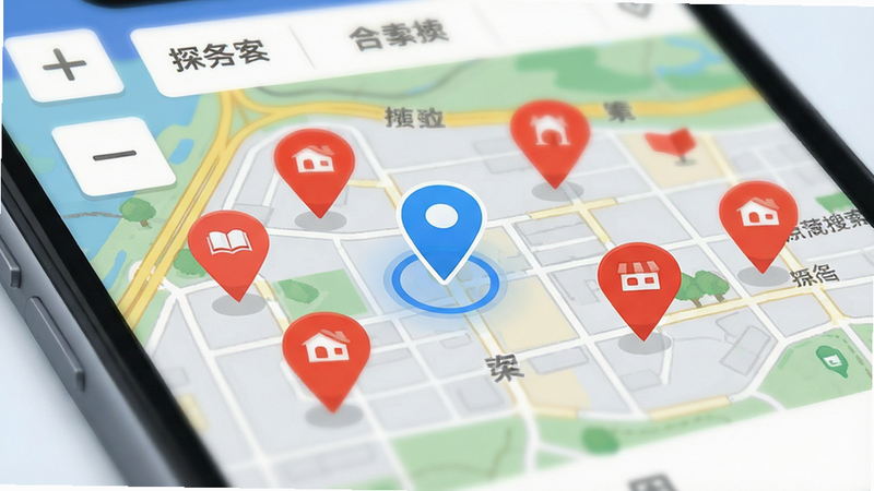 ̽��App�ĵ�ͼ�������ܽ�����д��չʾ��ɫ��λ�������Χɢ���ĺ�ɫ�̻���ǵ㣬����Ԫ�ذ����Ŵ���С��ť������ɸѡ��ǩ������ƽ����ɫ��������ϸ��������������Ⱦ����ˮӡ