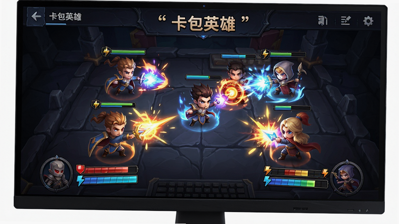 主体为PC显示器特写,屏幕内显示“卡包英雄”的战斗场景,画面中有多个Q版英雄角色正在释放技能,特效绚丽,背景为深色UI界面,突出大屏显示效果,布局中心对称,排版紧凑,风格为游戏UI设计,细节包含血条、能量槽,画质高清,干净,无多余元素,文字加引号