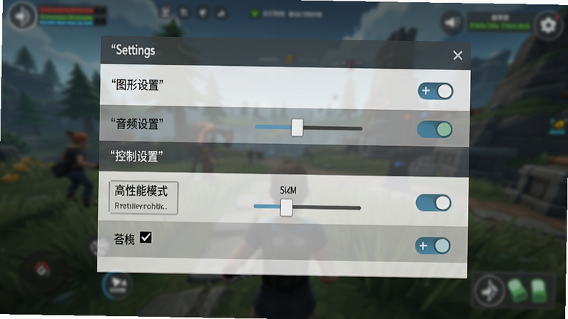 主体为一张游戏设置界面截图,背景为模糊的游戏场景,前景是一个清晰的设置面板,显示“图形设置”、“音频设置”、“控制设置”等选项,其中“高性能模式”被勾选,布局清晰,排版整齐,风格为扁平化UI设计,细节包含滑块、开关按钮,画质清晰,干净,无多余元素,文字加引号