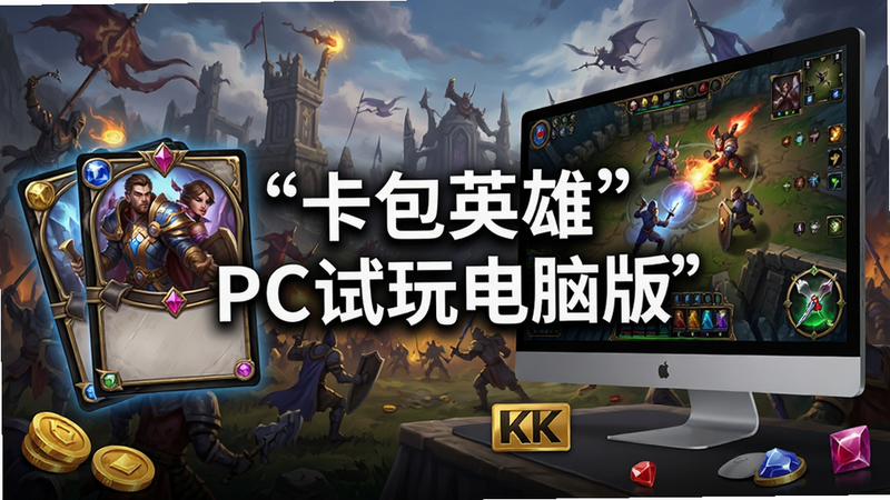主体为一张高清游戏宣传海报,画面中央展示“卡包英雄PC试玩电脑版”的标题字样,背景是宏大的魔幻战场,左侧排列着几张精致的英雄卡牌,右侧是一个巨大的PC显示器,屏幕上显示着游戏战斗界面,整体布局平衡,排版整洁,风格为现代数字插画,细节丰富,包含金币、宝石等道具元素,画质4K超清,干净无多余元素,文字加引号