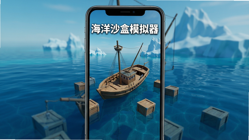 主体为一部竖屏放置的智能手机,屏幕显示着深蓝色的3D海洋场景,海面上有一艘正在倾斜的木船,周围漂浮着几个木箱,背景是清澈的海水和远处的冰山,画面风格为高保真3D渲染,布局居中,排版简洁,细节丰富,水质通透,画质4k高清,干净,无多余元素,软件名称“海洋沙盒模拟器”以白色加粗字体显示在屏幕顶部中央
