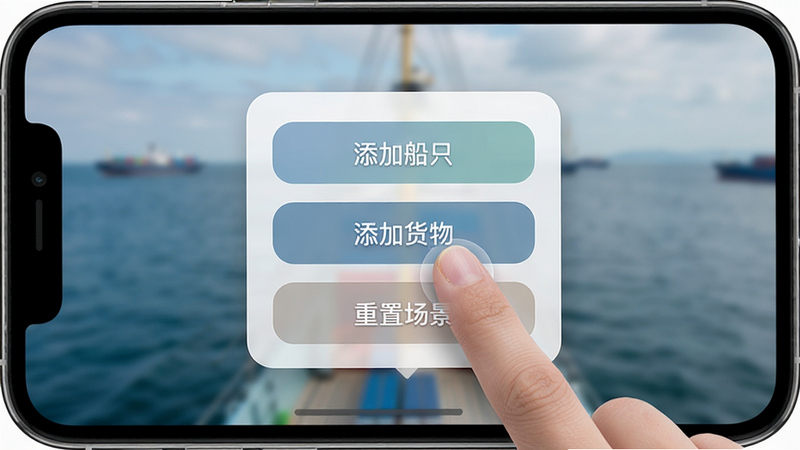 主体为手机界面截图,显示一个悬浮的控制面板,上面有“添加船只”、“添加货物”、“重置场景”等按钮,背景是模糊的海面,手指正在点击其中一个按钮,风格为UI设计展示,布局整齐,色彩柔和,细节精致,画质高清,干净,无多余元素