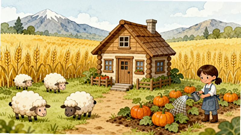 主体为一张横版农场全景插画,画面中心是一座温馨的小木屋,周围环绕着金黄色的麦田和红色的南瓜田,左侧有三只正在吃草的可爱绵羊,右侧有一个穿着围裙的女孩正在浇水,背景是淡蓝色的天空和远处的雪山,整体色调温暖柔和,水彩画风格,细节丰富,高清画质,干净无杂物