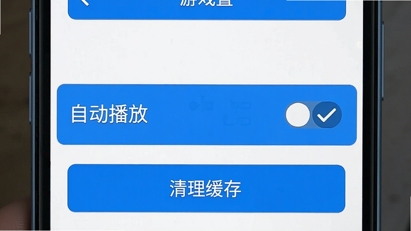 主体为手机界面截图,显示游戏设置菜单,高亮显示“自动播放”选项被勾选为关闭状态,下方有“清理缓存”按钮,界面简洁现代,扁平化设计,白色背景,蓝色按钮,文字清晰,无水印,高清