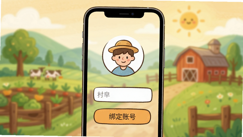 主体为手机登录界面,显示“绑定账号”按钮,背景是模糊的农场风景,界面中心是一个用户头像图标,下方有输入框,整体风格温馨,卡通手绘风,色彩柔和,清晰度高,无干扰元素
