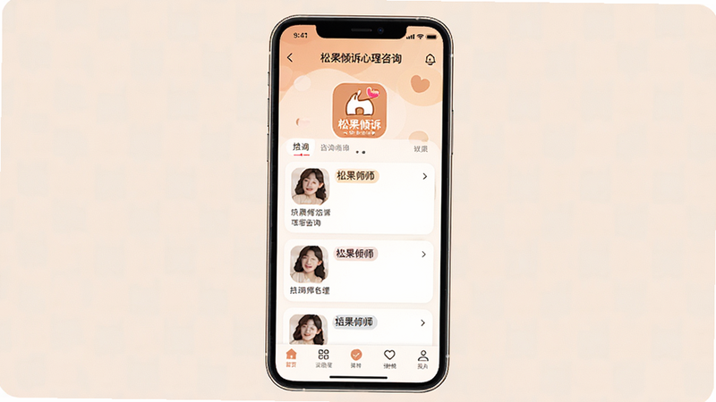 һ��չʾ�ֻ������ͼƬ���������ɹ�����������ѯApp��ҳ������������������ʾLogo���в�Ϊ��ѯʦ�б���Ƭ���ײ�Ϊ������������Լ��ܰ��ɫ����ͣ�ϸ�����������ʸ��壬�ɾ��޶���Ԫ�أ����ְ���