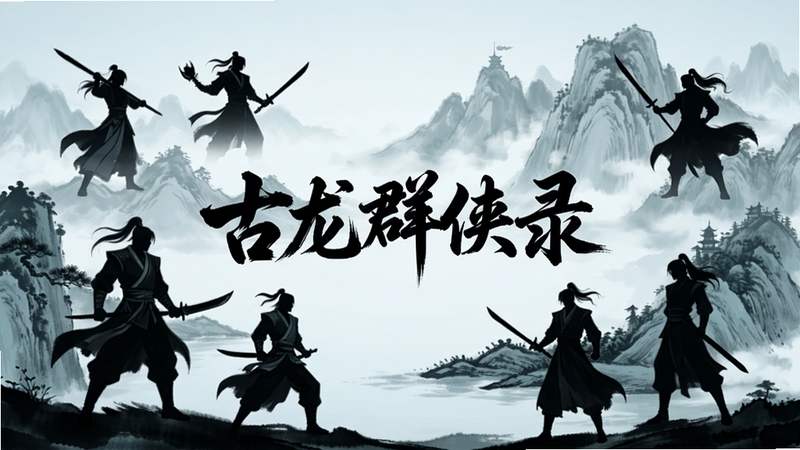 游戏主界面全景,中央显示古龙群侠录标题,周围环绕武侠角色剪影,背景为水墨山水风格,色调青灰,高清,干净,无多余元素