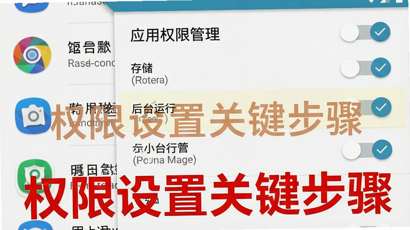 主体为手机设置界面截图,布局聚焦于“应用权限管理”页面,高亮显示“存储”与“后台运行”两个开关选项,背景为安卓系统默认风格,左侧列出应用图标,右侧为开关控件,风格为扁平化UI设计,细节包含清晰的勾选标记与状态提示,画质清晰,干净,文字标注