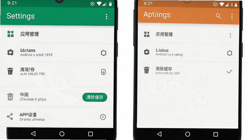 展示手机设置界面与APP管理页面的示意图,主体为安卓系统设置菜单,布局为列表形式,排版清晰,风格为系统UI模拟,细节包含“应用管理”和“清除缓存”按钮,画质清晰,干净,无多余元素,文字“设置”