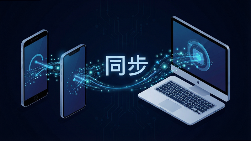 展示数据同步概念的科技风格插图,主体为两个手机和一台电脑通过光束连接,布局对称,排版简洁,风格为现代科技风,细节包含流动的数据光点,画质高清,干净,无多余元素,文字“同步”