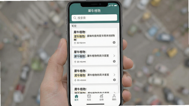 一张高清的手机应用界面截图,主体为犀牛格物APP的主页界面,布局整洁,顶部显示搜索栏,中间展示笔记卡片列表,底部有导航栏,风格为扁平化设计,细节清晰,画质干净,无多余元素,文字“犀牛格物”清晰可见