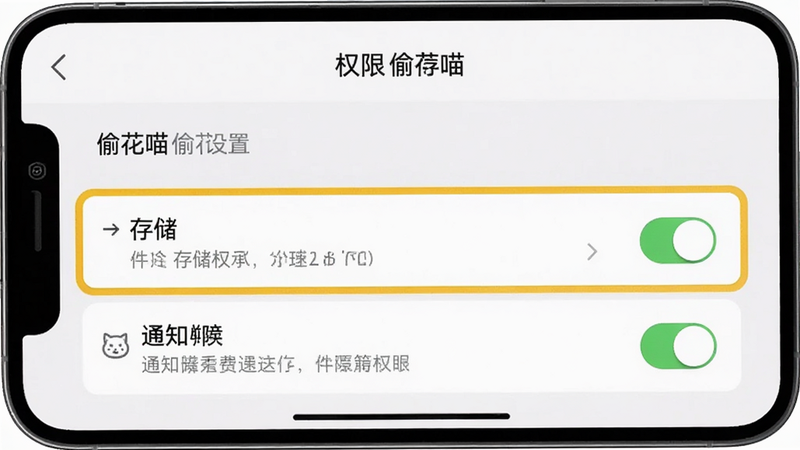 主体为手机设置界面截图,展示偷花喵应用的权限设置页面,布局清晰,高亮显示存储权限与通知权限选项,风格简洁现代,细节处可见开关状态,画质清晰,干净背景,文字标注为权限设置