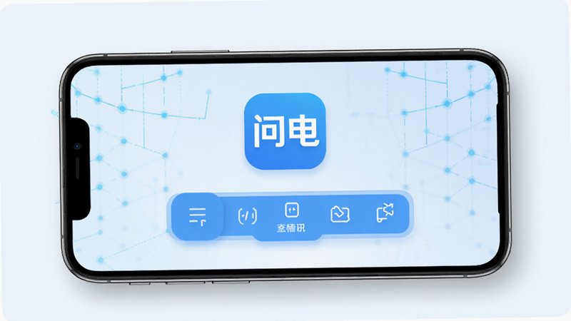 主体为问电App的手机界面展示图,布局采用居中对称结构,屏幕中央显示“问电”Logo及主菜单按钮,背景为淡蓝色科技网格,风格现代扁平化,细节包含清晰的图标设计与柔和阴影,画质高清,干净,无多余元素