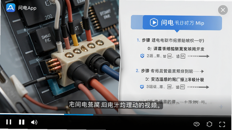 主体为问电App的视频播放界面,布局为全屏播放模式,底部有播放控制栏,风格专业严谨,细节显示电路接线特写与步骤提示字幕,画质高保真,干净,无多余元素
