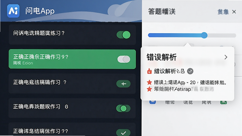 主体为问电App的题库练习界面,布局为列表式排版,左侧显示题目列表,右侧显示答题进度条,风格简洁商务,细节包括高亮的正确选项标记与错误解析浮层,画质清晰,干净,无多余元素