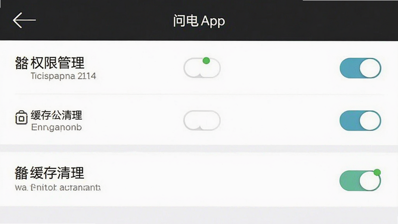 主体为问电App的设置界面示意图,布局为列表形式,显示权限管理与缓存清理选项,风格简约,细节包含开关按钮与状态标识,画质清晰,干净,无多余元素