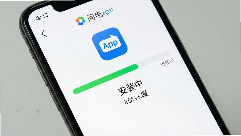 主体为问电App的手机安装界面,布局为安装进度条,风格清晰直观,细节显示“安装中”字样与百分比,画质清晰,干净,无多余元素
