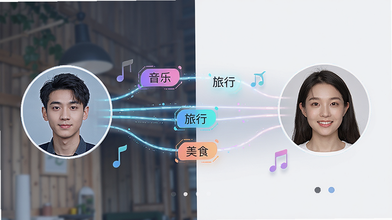 美约APP智能匹配示意图,画面分为左右两部分,左侧是一个用户头像,右侧是另一个用户头像,中间由几条发光的线条连接,线条上标注着“音乐”、“旅行”、“美食”等标签,布局对称,排版简洁,风格现代,细节丰富,高清画质,无杂乱元素
