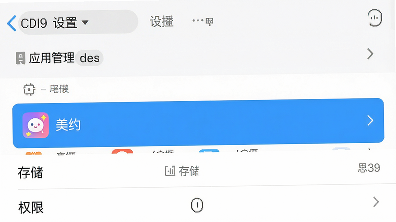 手机设置界面示意图,显示“应用管理”列表,其中“美约”应用被高亮选中,下方显示“存储”和“权限”选项,布局清晰,排版规范,风格扁平化,细节准确,高清画质,无多余装饰