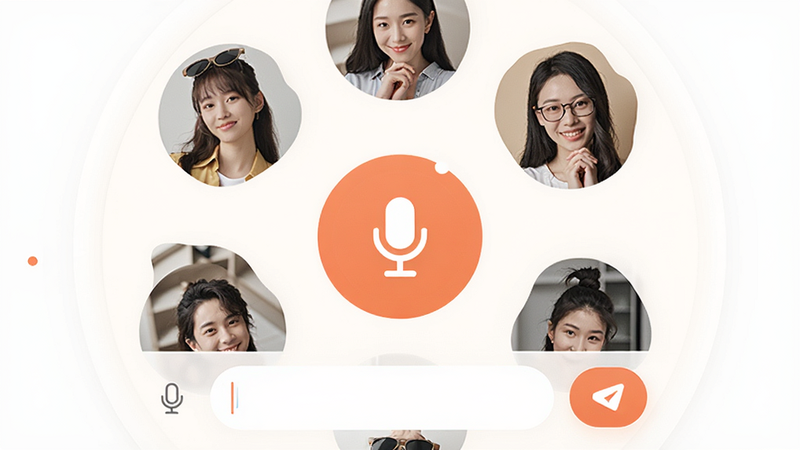 美约APP群组聊天界面预览,画面显示多个用户头像在一个圆形区域内,中间有一个麦克风图标表示语音通话,下方有输入框和发送按钮,布局紧凑,排版合理,风格温馨,细节真实,高清画质,背景干净