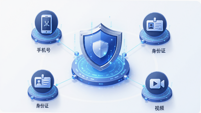 展示美约APP身份认证流程的插图,画面中心是一个盾牌图标,周围环绕着“手机号”、“身份证”、“视频”三个小图标,布局呈辐射状,排版整齐,风格科技感强,细节清晰,高清画质,干净背景