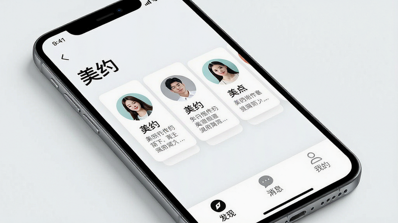 一张现代简约风格的手机屏幕展示图,主体为“美约”APP界面,布局清晰,顶部显示应用名称,中间展示几位用户的头像和简介卡片,底部有“发现”、“消息”、“我的”三个标签栏,风格清新明亮,细节精致,高清画质,无多余元素