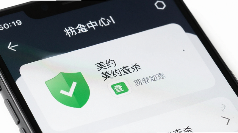 手机安全中心界面,显示“病毒查杀”通过,绿色盾牌图标,旁边有“美约”应用名称,布局简洁,排版工整,风格专业,细节清晰,高清画质,背景纯白
