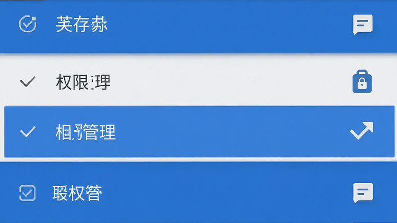 主体为手机设置界面,高亮显示“权限管理”选项,背景为安卓系统默认蓝色主题,布局列表式,排版清晰,风格为系统UI截图风,细节包含勾选标记,画质清晰,干净,无多余元素