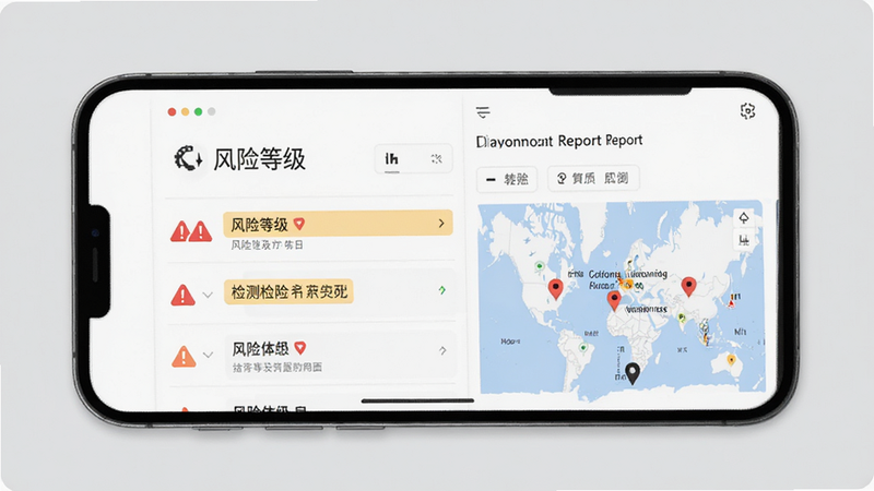 主体为手机屏幕显示检测报告页面,包含风险等级列表与地图标记,背景为浅灰色,布局列表式,排版清晰,风格为商务简约风,细节包含红色警告图标,画质清晰,干净,无多余元素