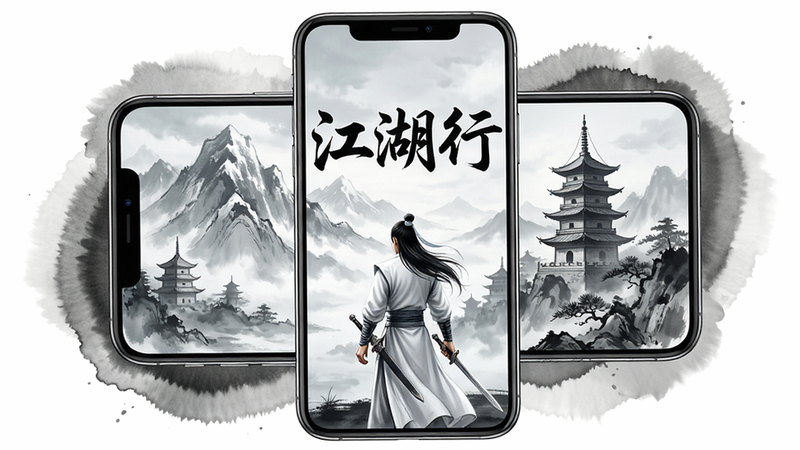 主体为一部现代智能手机屏幕,屏幕内显示着《江湖行》游戏的高清启动画面,背景是水墨风格的武侠场景,远处有雪山与古塔,近处有一位身着白衣的剑客背影。布局上手机居中,周围环绕着淡淡的水墨晕染效果。排版简洁大气,风格为写实与国画结合,细节丰富,画质4k高清,干净无多余元素,文字