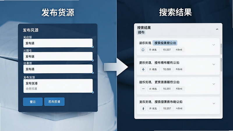 分屏展示风格,左侧显示“发布货源”表单界面,右侧显示“搜索结果”列表界面,中间用箭头连接,象征从发布到匹配的过程,界面简洁,色彩统一,文字清晰可读,无复杂背景,高清渲染