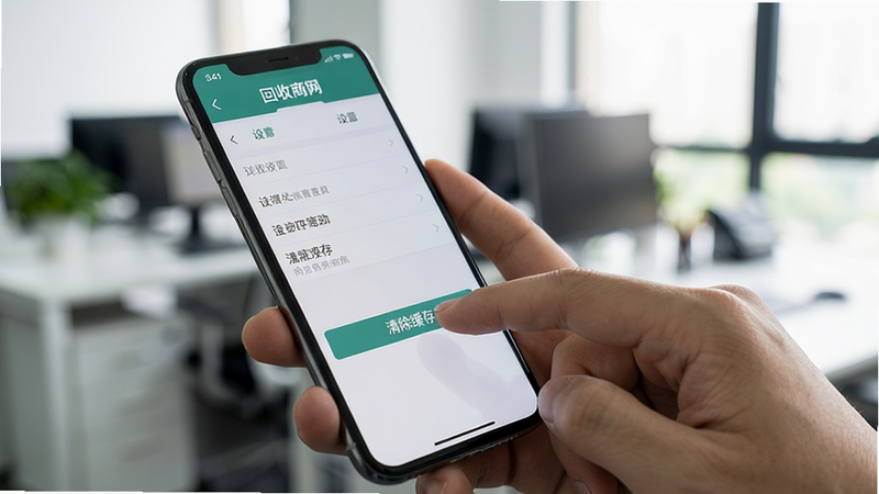 写实风格,展示一只手握着智能手机,屏幕显示“回收商网”APP的设置页面,手指正在点击“清除缓存”按钮,背景为模糊的办公室环境,光线自然,焦点在屏幕操作区域,细节清晰,无多余干扰元素