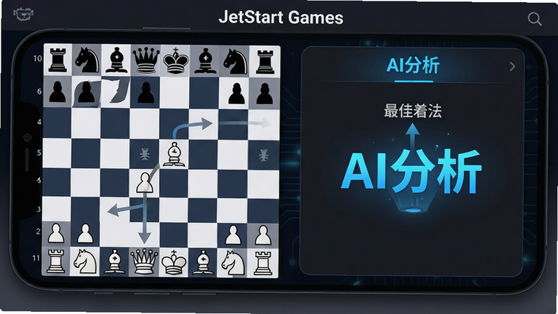 展示手机屏幕界面,左侧为国际象棋棋盘,右侧为AI分析面板,显示“最佳着法”箭头指示,背景为深色模式,界面简洁现代,文字“AI分析”高亮显示,蓝色科技感光效,布局左右分栏,字体清晰易读,画质高清,无杂乱背景,体现智能辅助功能,文字“JetStart Games”位于顶部栏,风格扁平化,色彩对比强烈,突出科技与智慧的结合,无多余装饰,整体视觉平衡,适合移动端展示,细节丰富,阴影柔和,体现专业级工具属性