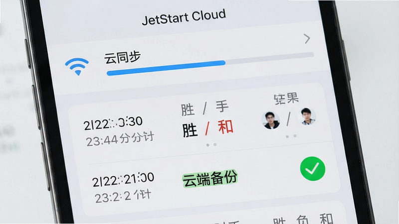 手机屏幕显示“云同步”界面,顶部有Wi-Fi图标与同步进度条,下方列表展示历史对局记录,包括日期、对手、结果(胜/负/和),文字“云端备份”高亮显示,绿色勾选图标,背景浅灰色,布局列表式,字体清晰,画质高清,无杂乱元素,体现数据安全性与便捷性,文字“JetStart Cloud”位于顶部,风格简约现代,色彩柔和,突出可靠性,无阴影过重,排版整齐,适合移动端阅读,细节如时间戳精确到分钟,体现专业管理功能,无多余装饰,整体视觉干净,强调数据无丢失
