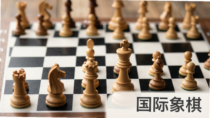 一张高分辨率的国际象棋棋盘特写,主体为黑白相间的正方形格子,上面摆放着木质质感的国际象棋棋子,包括王、后、车、象、马、兵,背景虚化处理,光线柔和,聚焦于棋局中心,风格写实,细节清晰,画质8k,干净,无多余元素,文字“国际象棋”位于右下角,字体简洁现代,颜色深灰,无阴影,排版居中偏下,整体色调温暖自然,体现策略与智慧的氛围,无水印,无logo,构图平衡,视觉中心明确,适合手机屏幕预览,展示软件核心玩法与界面质感