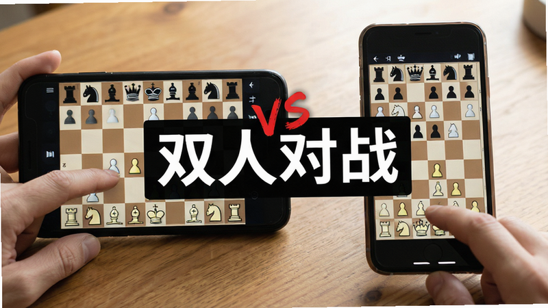两部智能手机并排摆放,屏幕均显示国际象棋对战界面,一部为横屏,一部为竖屏,棋盘上棋子位置不同,显示不同对局状态,背景为木质桌面,光线自然,文字“双人对战”位于画面中央,字体白色加粗,背景半透明黑色矩形,布局对称,风格写实生活化,画质细腻,无多余元素,体现社交互动属性,文字“VS”在两部手机之间,红色醒目,排版居中,整体色调温馨,适合家庭场景,细节如手指触控操作,体现便捷性,无水印,构图稳定,视觉焦点在屏幕内容,突出共享乐趣