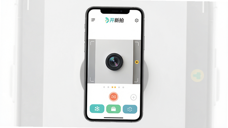 一张高清移动端应用界面展示图,主体为“开新拍”APP的主界面,背景简洁白色,中央显示相机取景框,顶部有“开新拍”Logo,底部有清晰的功能按钮,风格现代扁平化,色彩清新,细节精致,画质8K,无多余装饰元素