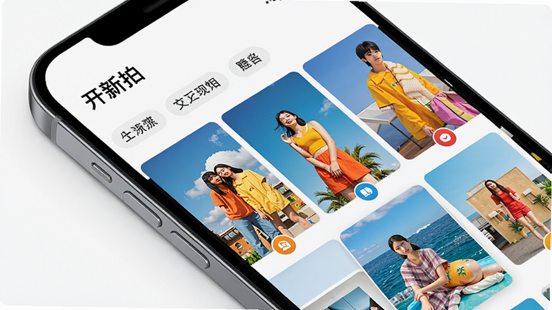 手机屏幕展示“开新拍”的相册浏览界面,照片色彩鲜艳,分类标签清晰,界面布局整齐,白色背景,风格简约现代,细节精致,画质8K,无多余元素