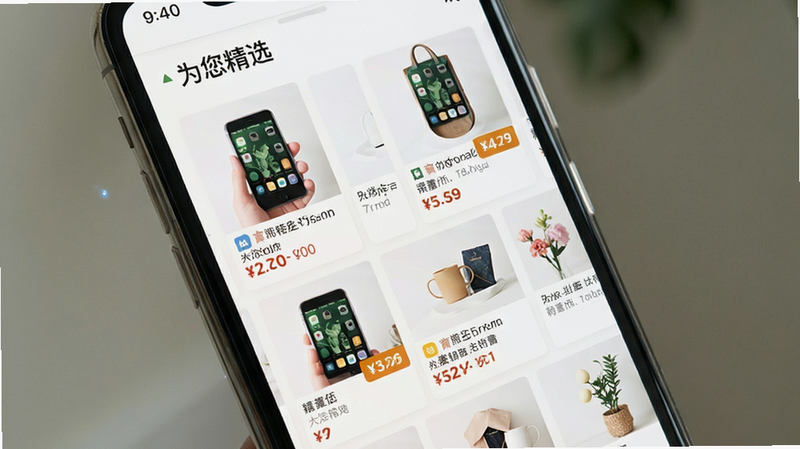 主体为手机屏幕上的个性化推荐列表,布局为纵向滚动列表,排版紧凑且留白适中,风格清新自然,细节展示商品图片与价格标签,文字“为您精选”位于列表顶部,画质清晰,干净无杂乱背景