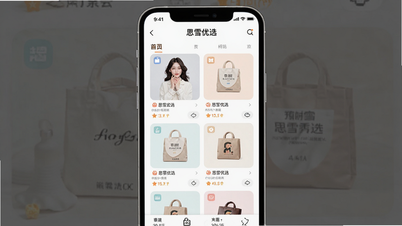 主体为思雪优选APP的手机界面展示,布局采用居中构图,手机屏幕清晰显示首页精选商品模块,排版整齐有序,风格简约现代,细节包含柔和的UI配色与清晰的图标,文字“思雪优选”醒目位于顶部导航栏,画质高清,干净无多余元素
